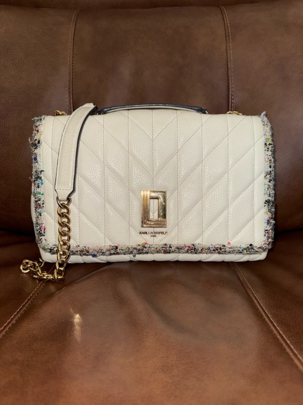 Karl Lagerfeld Ivory Quilted Shoulder Bag with Tweed Trim and Gold Hardware